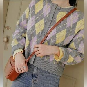 Oak + Fort Argyle Knit Cardigan Grey / Purple / Yellow size Small